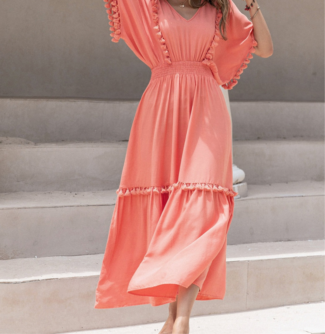 Hattie Tassel Trim Smocked V-Neck Short Sleeve Dress