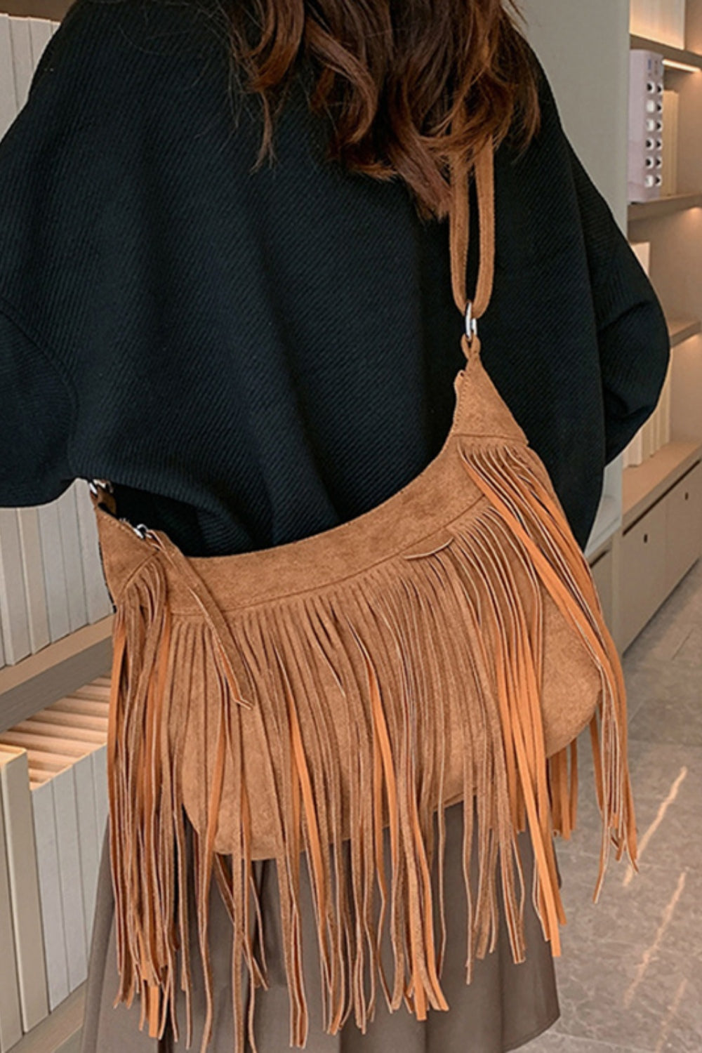 Jenny Suede Fringe Adjustable Strap Shoulder Bag