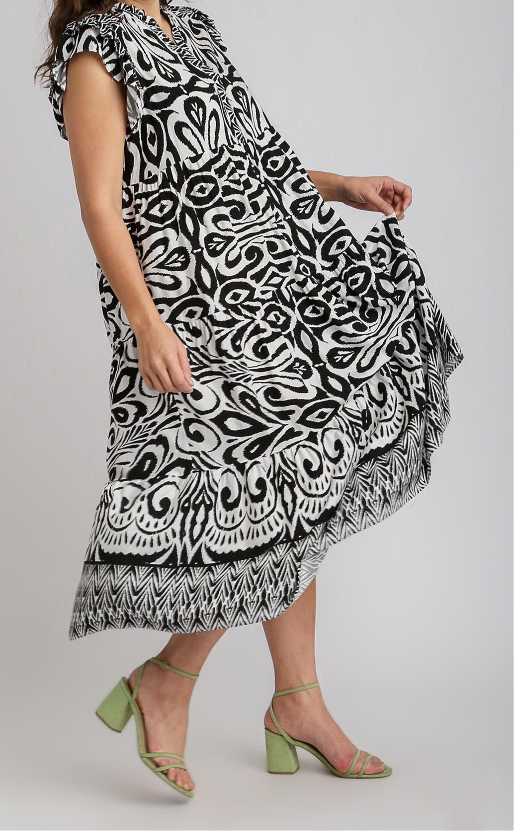 Eliza Two Tone Ruffle Cap Sleeve Midi Dress