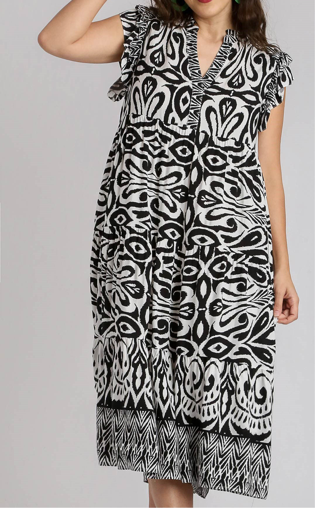 Eliza Two Tone Ruffle Cap Sleeve Midi Dress