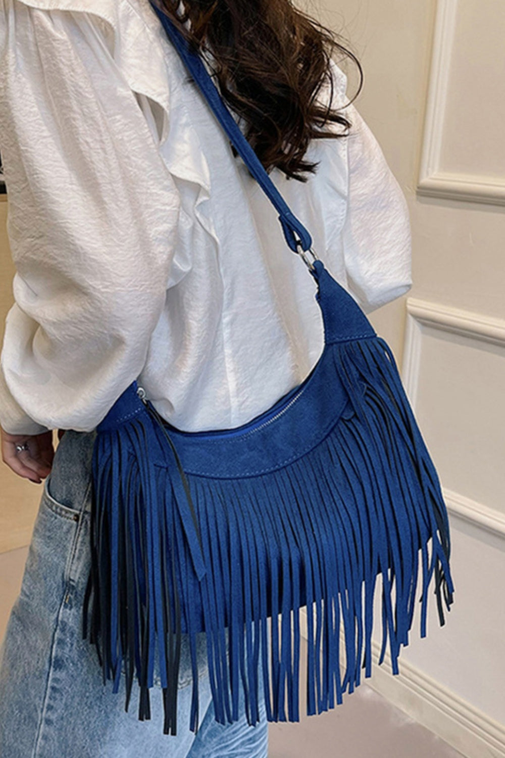 Jenny Suede Fringe Adjustable Strap Shoulder Bag