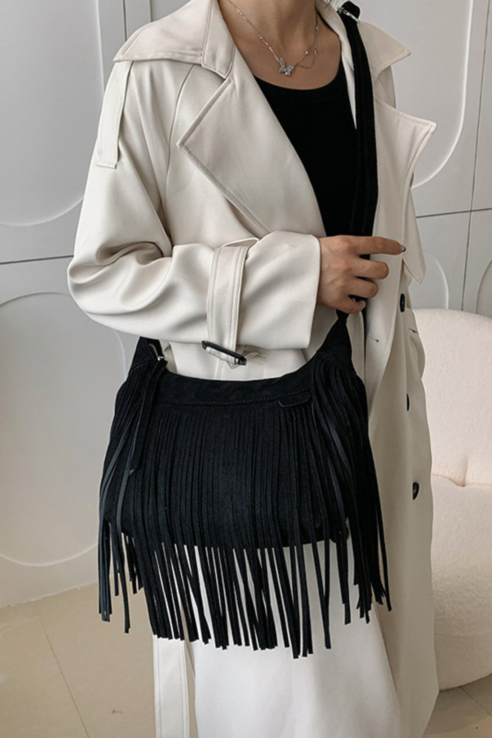 Jenny Suede Fringe Adjustable Strap Shoulder Bag