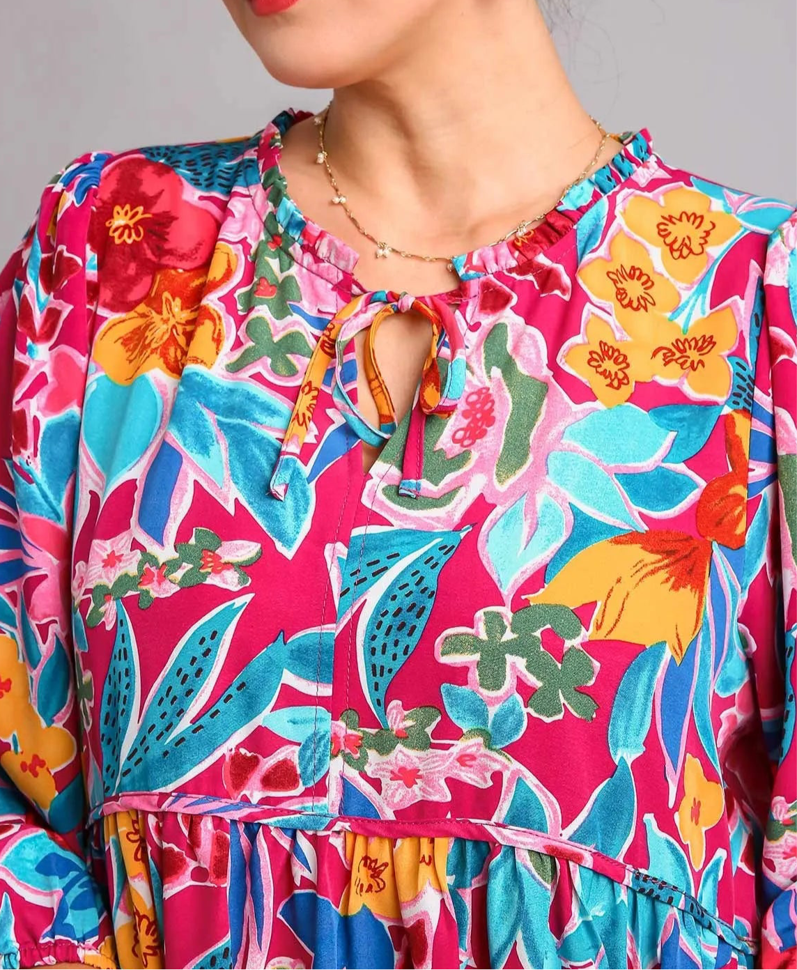 Flora Full Size Floral Print Tie Neck Midi Dress with Pockets Plus Size