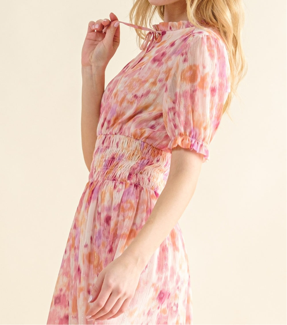 Leonora Curvy Size Smocked Waist Printed Midi Dress