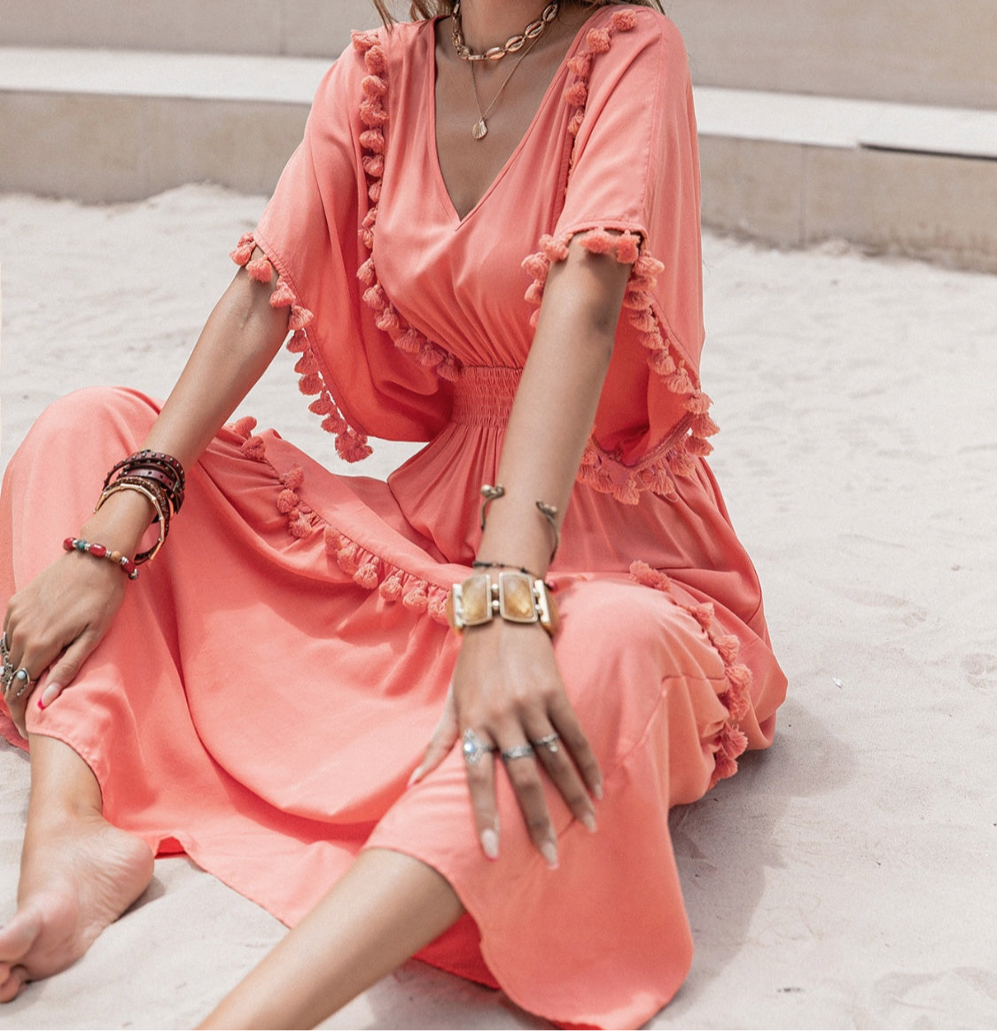 Hattie Tassel Trim Smocked V-Neck Short Sleeve Dress