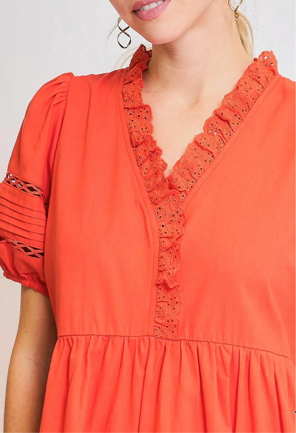 Georgia Short Sleeve Lace-Trim Ruffled Midi Dress