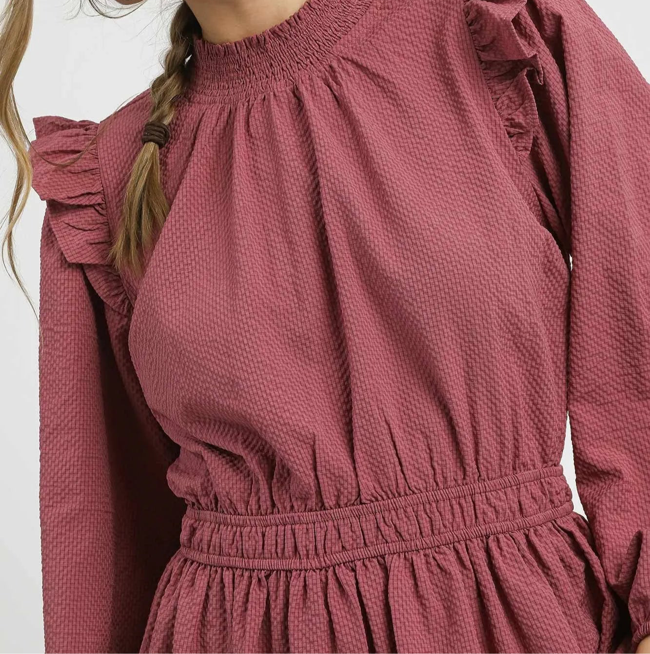 Audra Textured Midi Dress with Ruffle Shoulder Detail