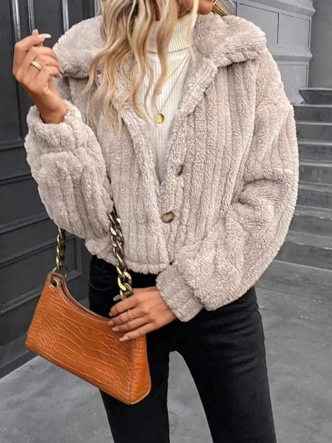 Lois Button Up Long Sleeve Fuzzy Outerwear