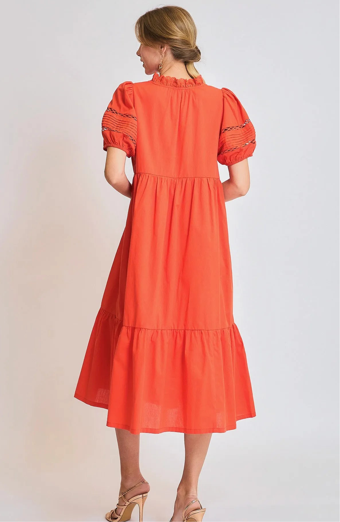 Georgia Short Sleeve Lace-Trim Ruffled Midi Dress
