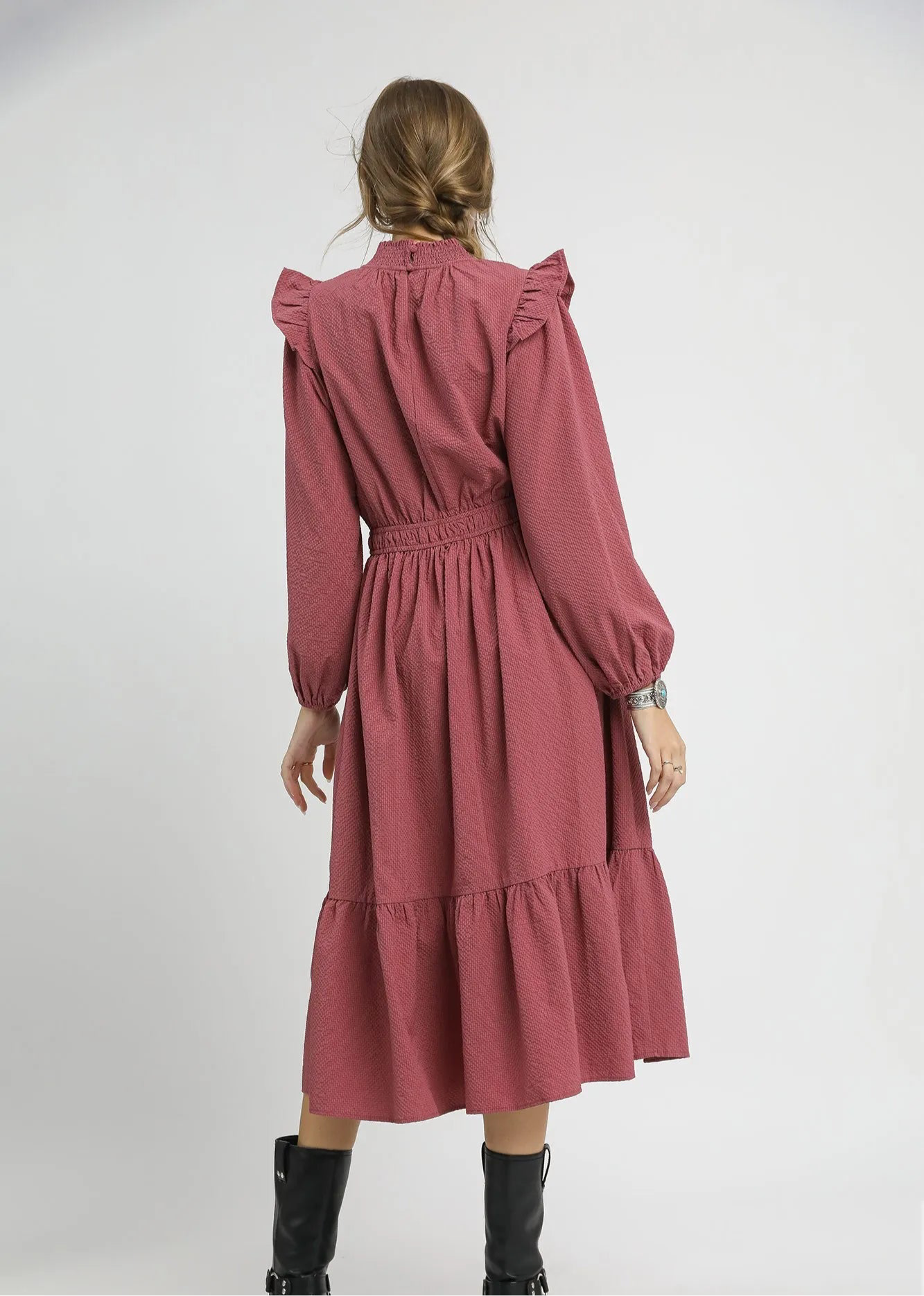 Audra Textured Midi Dress with Ruffle Shoulder Detail