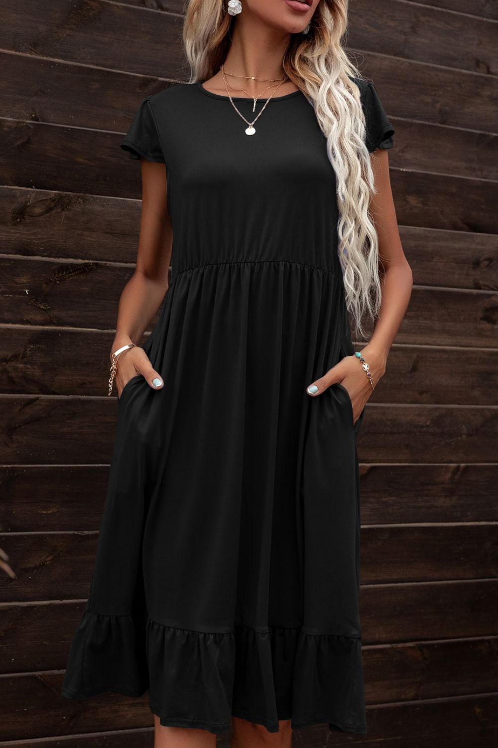 Ivy Round Neck Ruffle Hem Pocket Dress