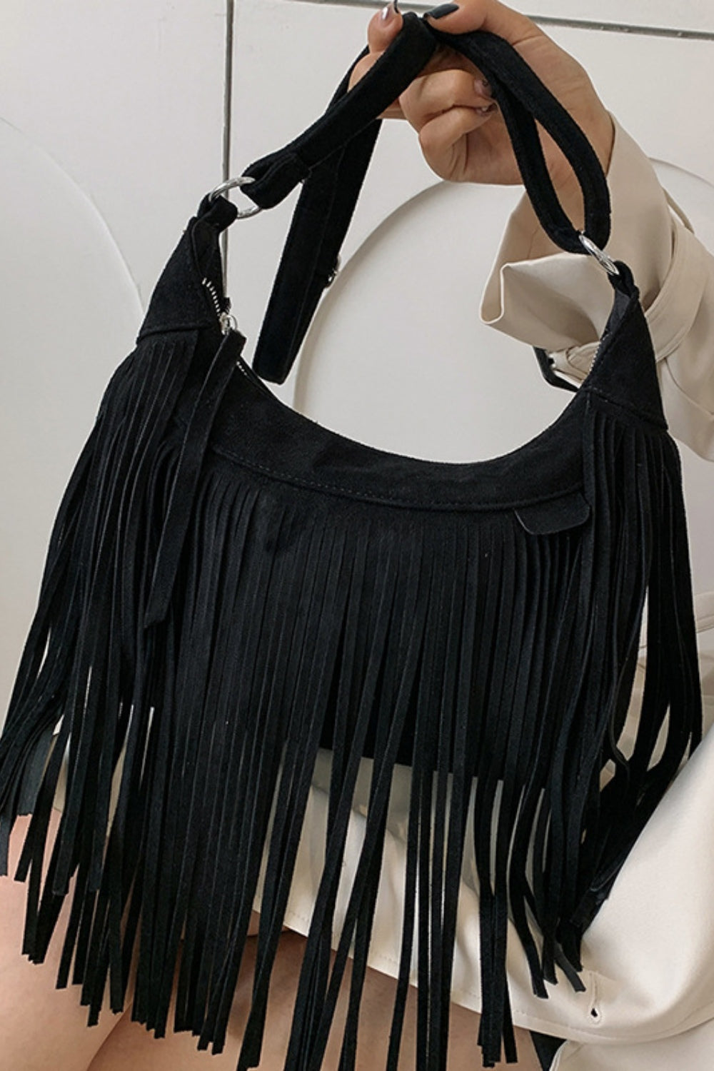 Jenny Suede Fringe Adjustable Strap Shoulder Bag