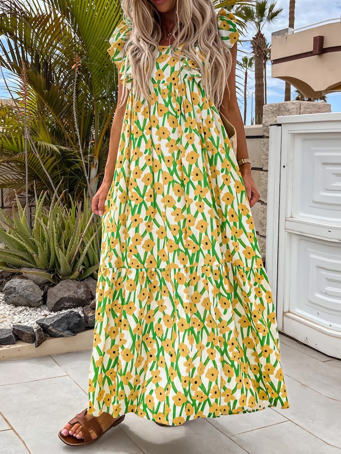 Betty Ruffled Printed Cap Sleeve Maxi Dress