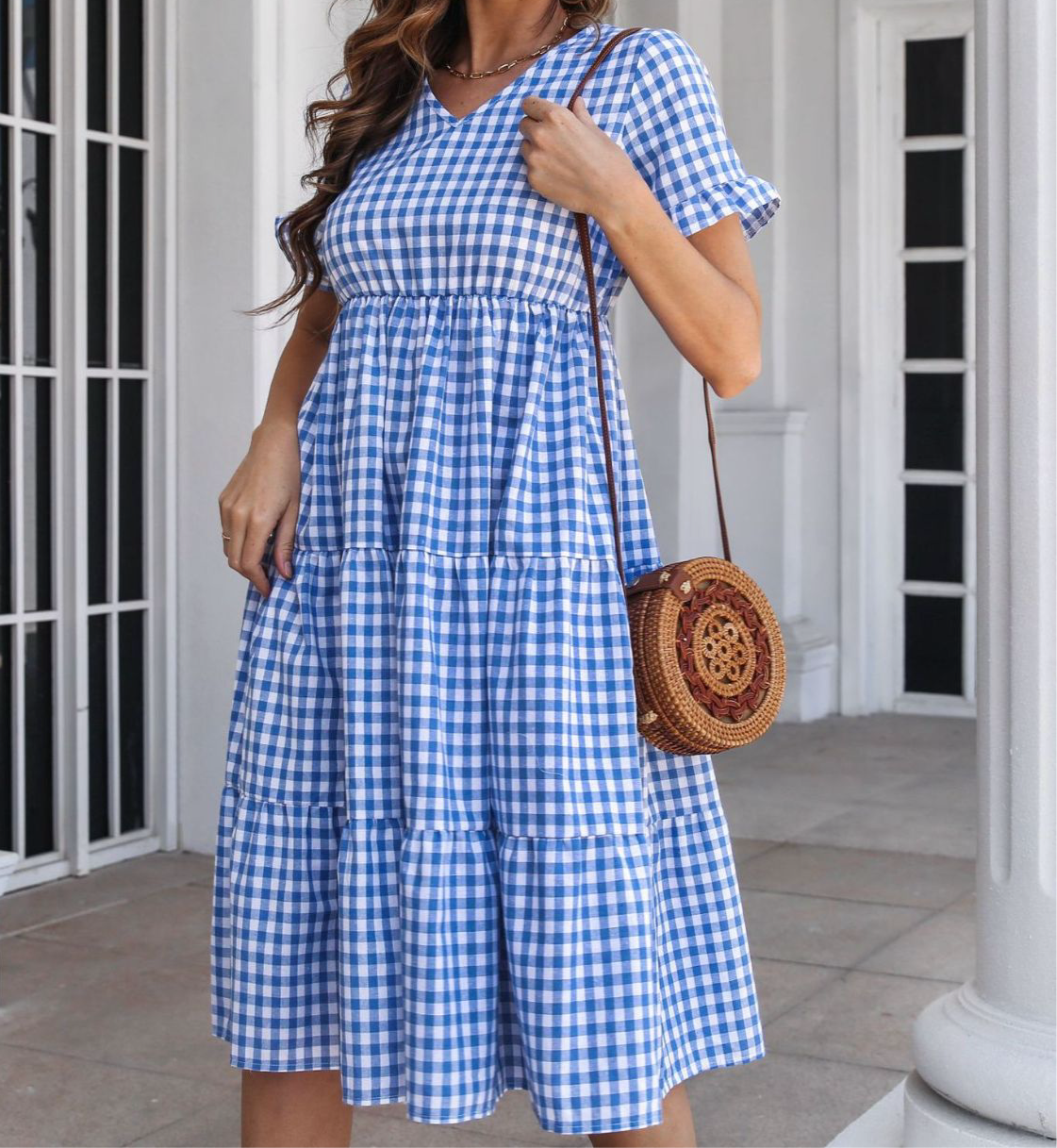Elizabeth Plaid V-Neck Short Sleeve Midi Dress