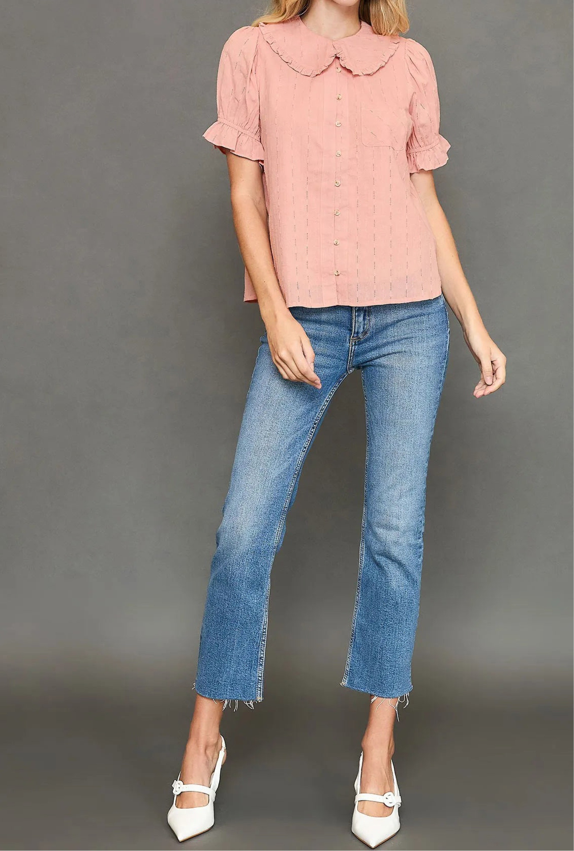 Opal Peter Pan Collared Button Down Textured Shirt with Ruffled Detail
