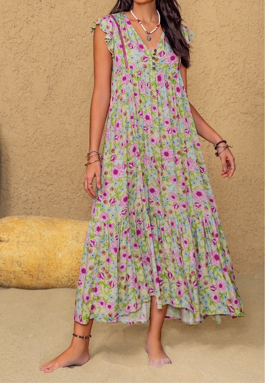 Isabel Floral Ruffled Cap Sleeve Tiered Dress