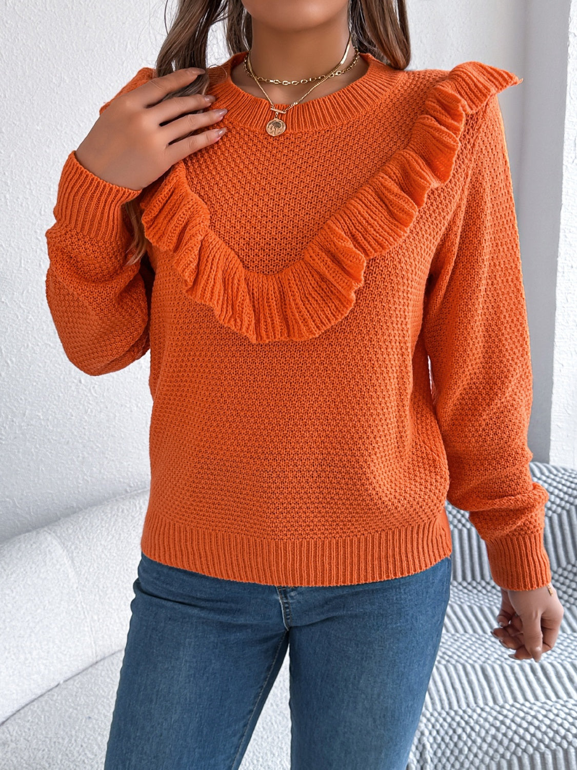 Madeleine Ruffled Round Neck Long Sleeve Sweater