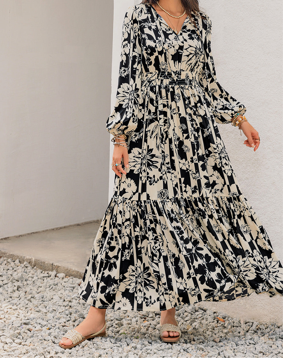 Clara Smocked Printed Tie Neck Long Sleeve Dress