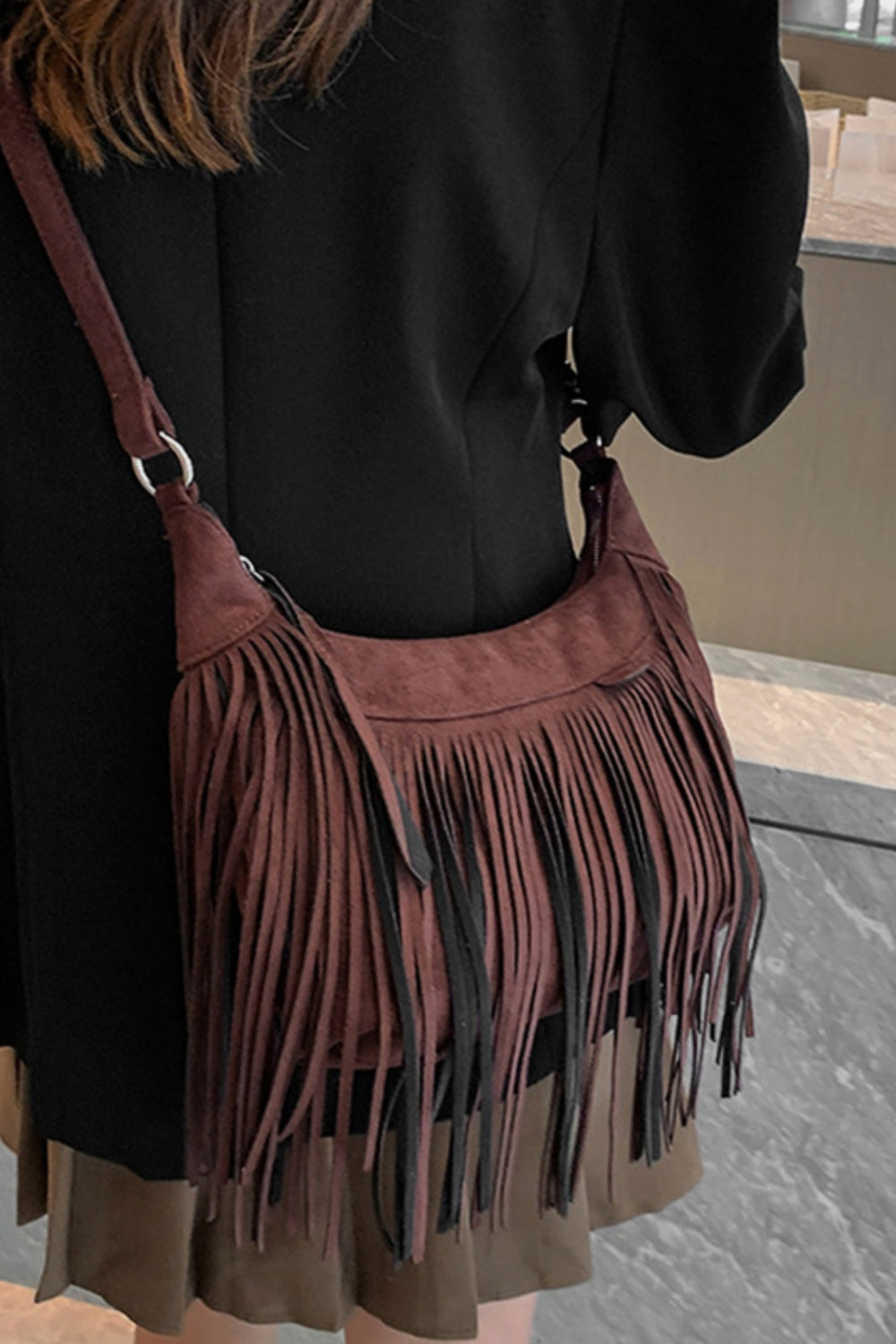 Jenny Suede Fringe Adjustable Strap Shoulder Bag