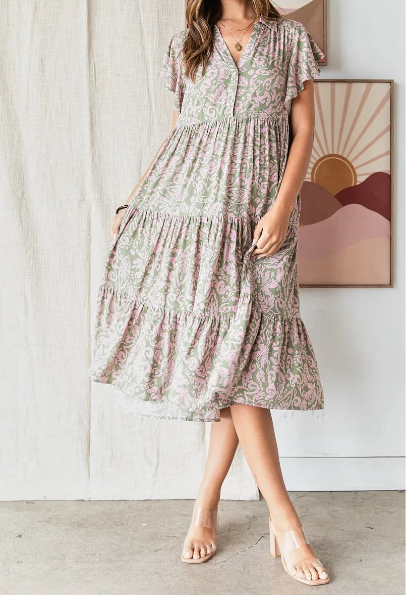 Wilma Abstract Print Ruffle Tier Midi Dress