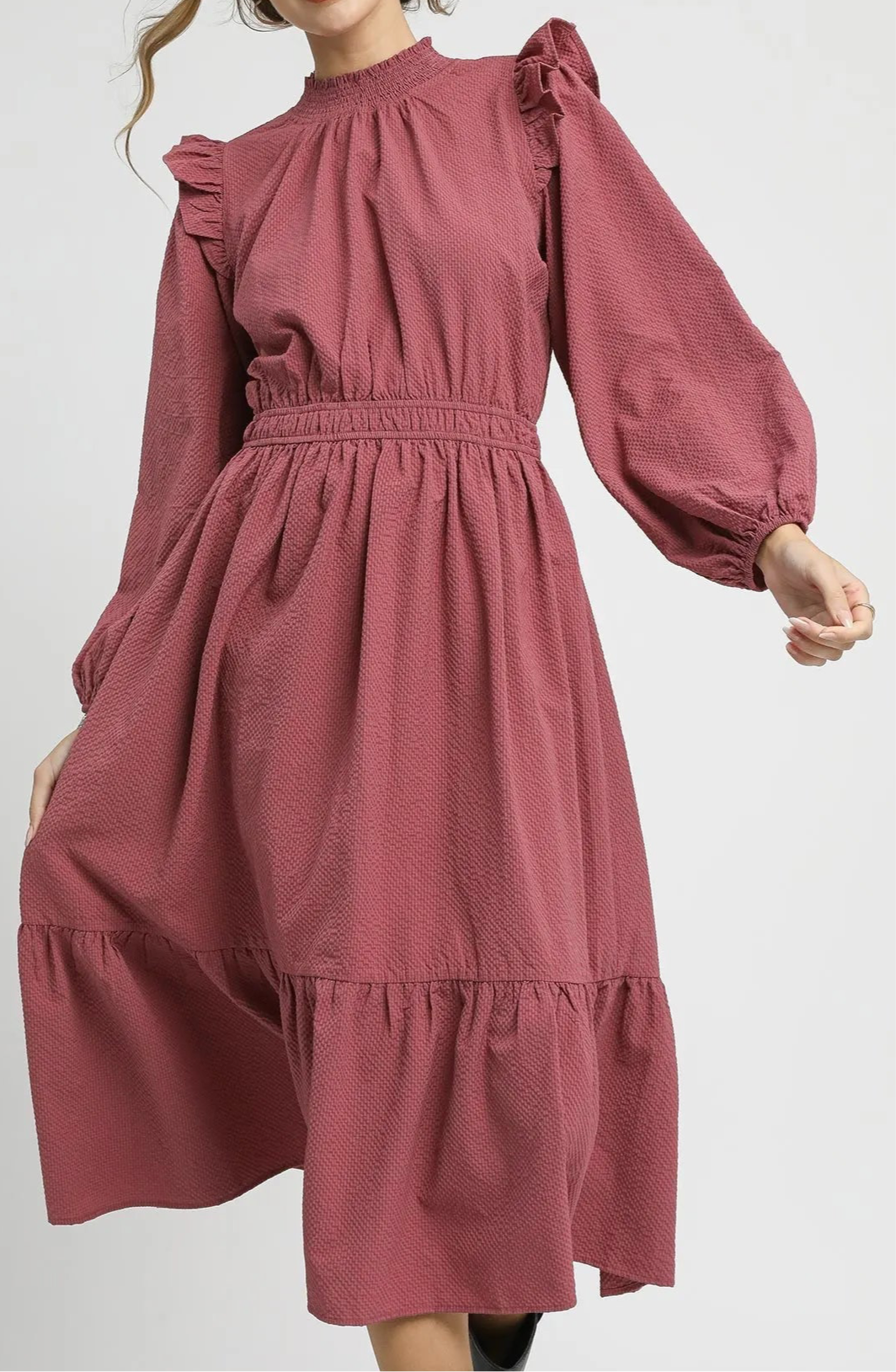 Audra Textured Midi Dress with Ruffle Shoulder Detail