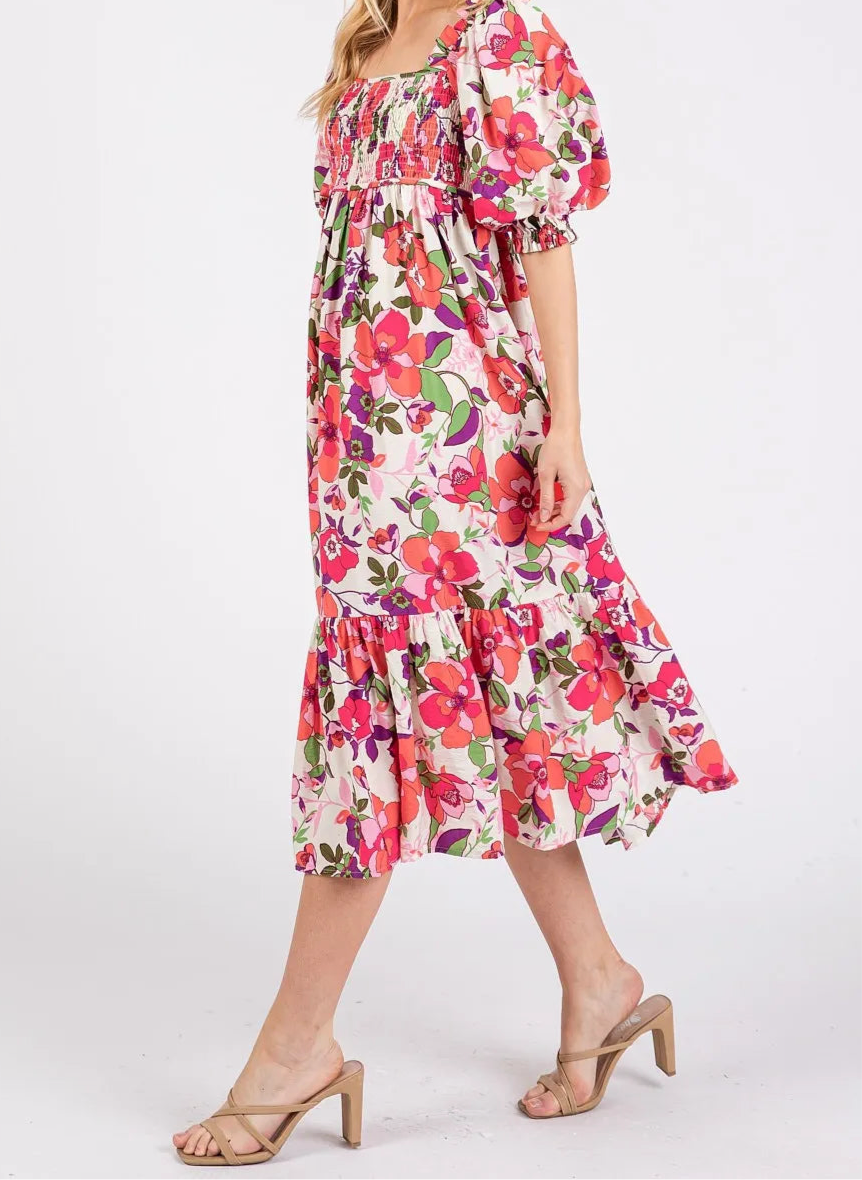 Ellie Flower Print Puff Sleeve Ruffle Smocked Midi Dress