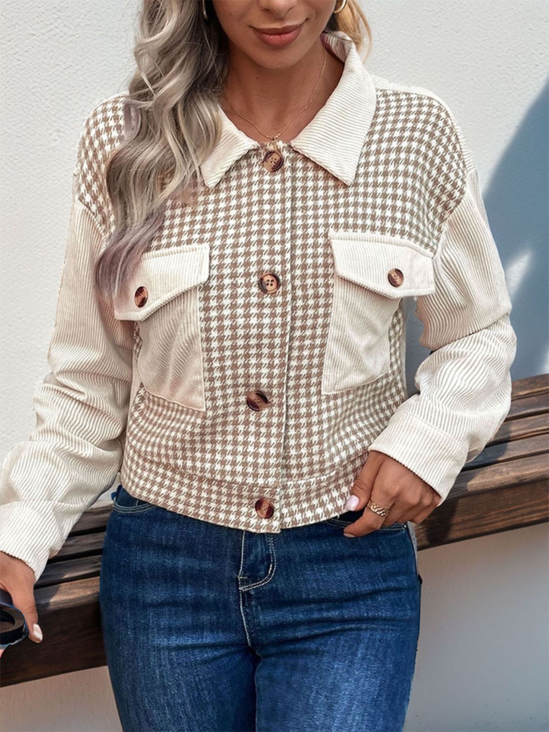 Minnie Pocketed Houndstooth Long Sleeve Jacket