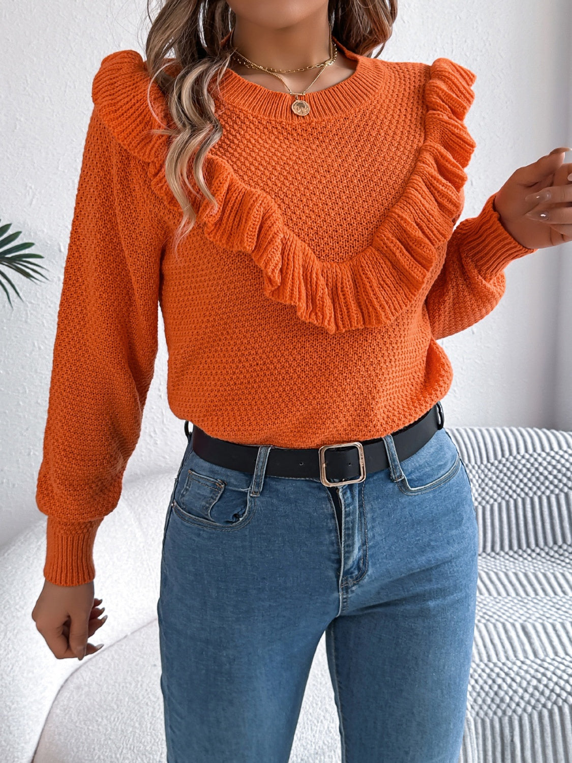 Madeleine Ruffled Round Neck Long Sleeve Sweater