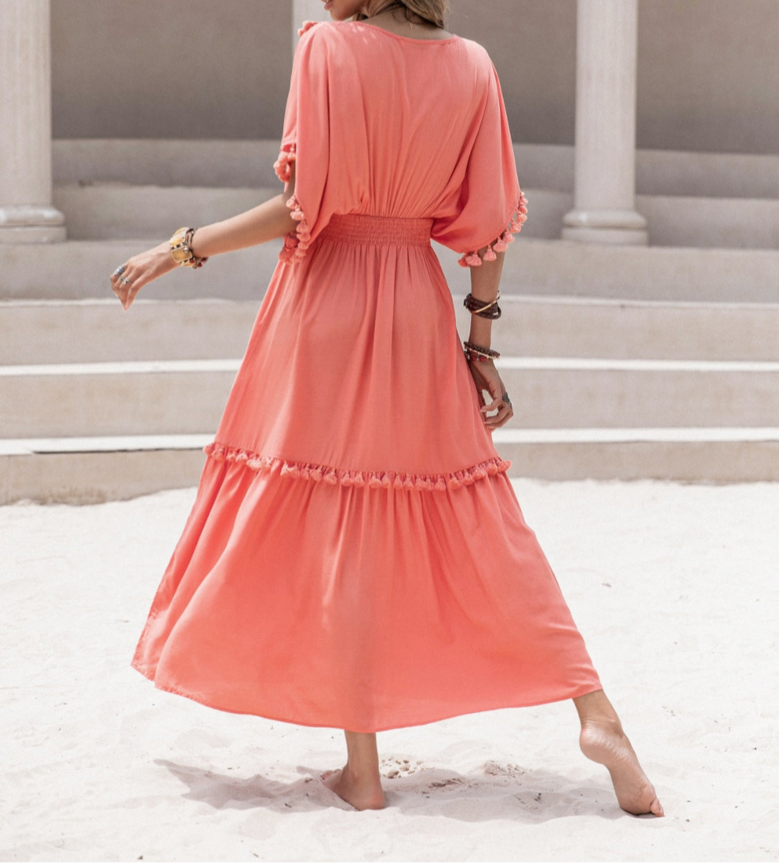 Hattie Tassel Trim Smocked V-Neck Short Sleeve Dress