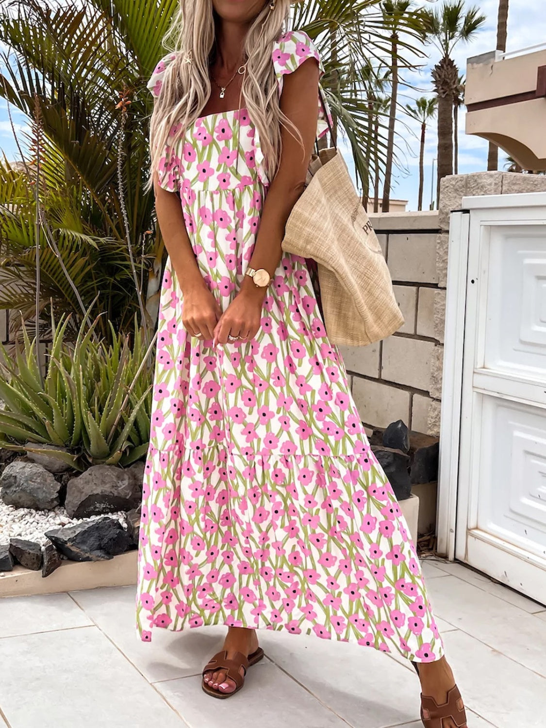 Betty Ruffled Printed Cap Sleeve Maxi Dress