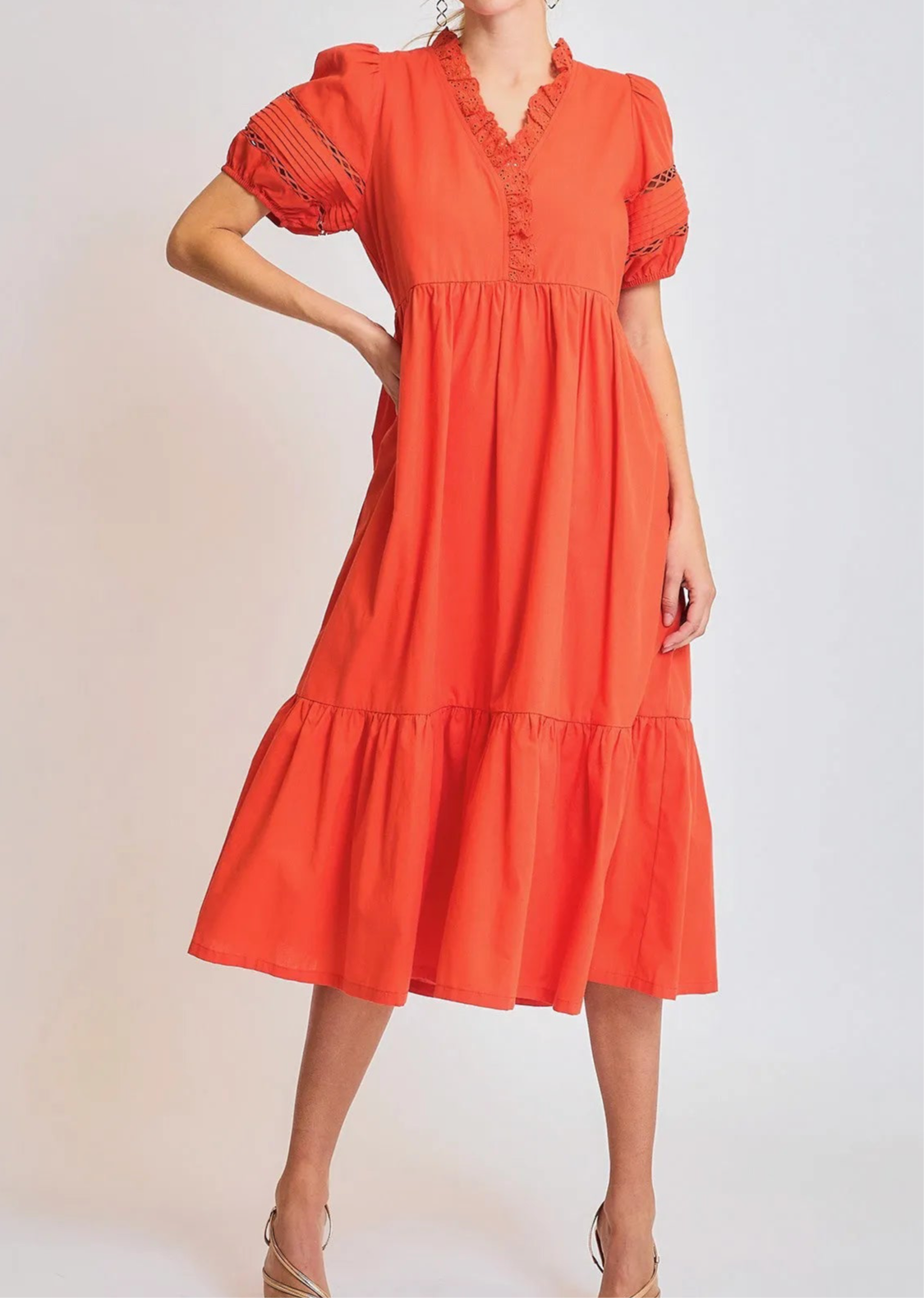 Georgia Short Sleeve Lace-Trim Ruffled Midi Dress