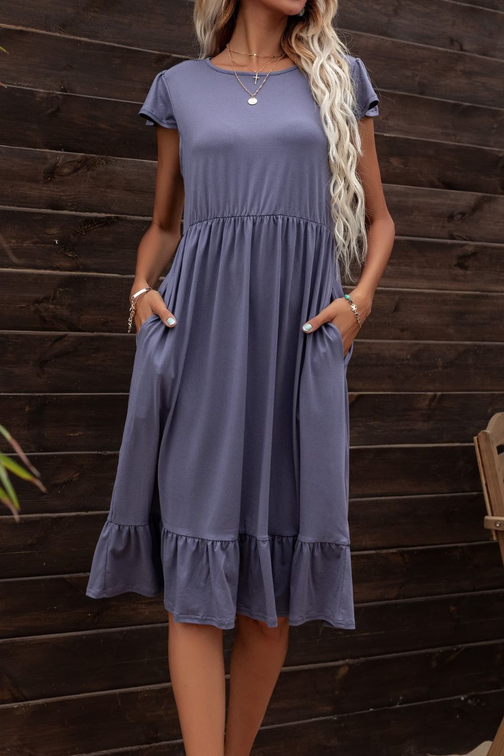 Ivy Round Neck Ruffle Hem Pocket Dress