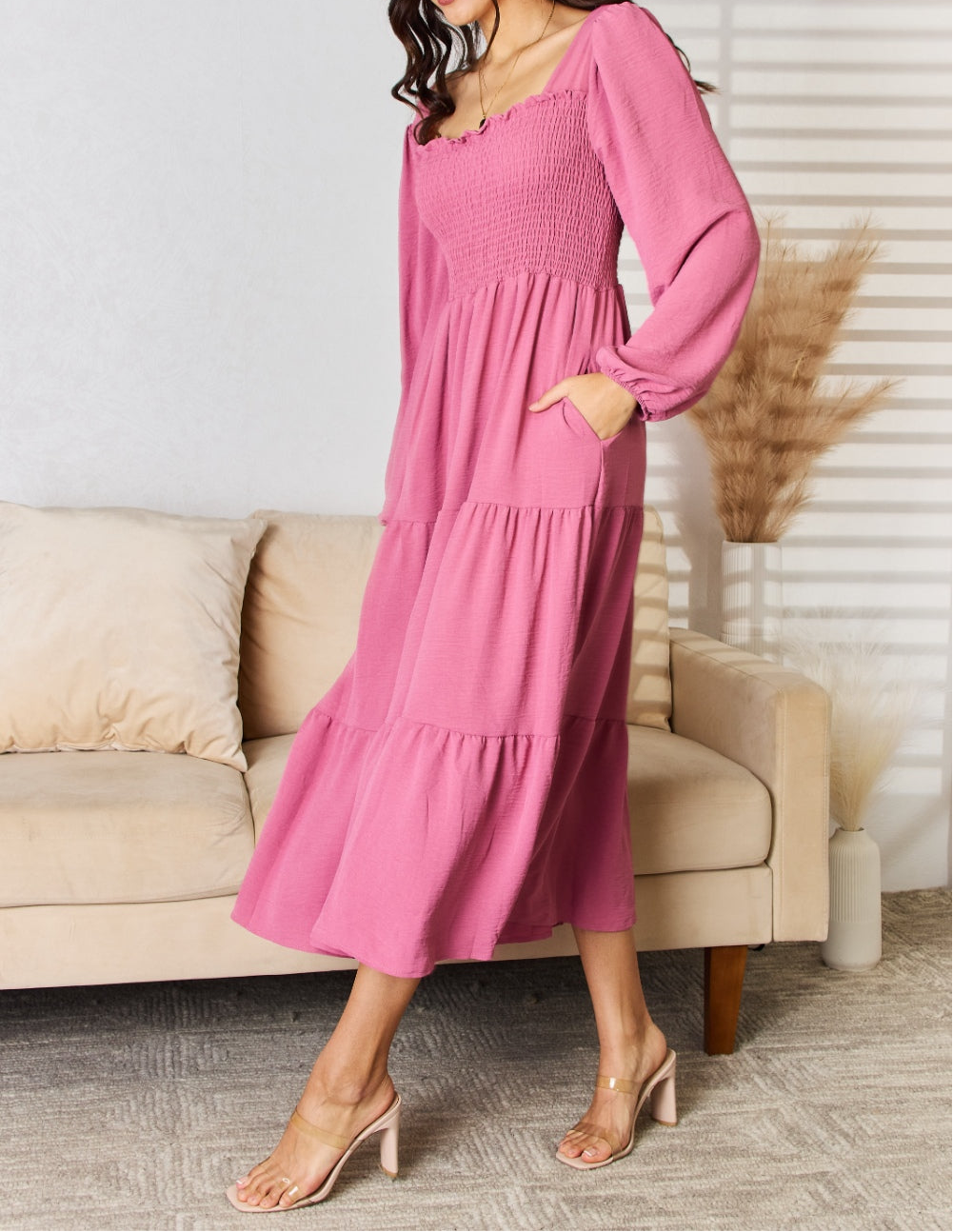 Rose Ruffle Trim Smocked Tiered Dress-Curvy Sizes Available
