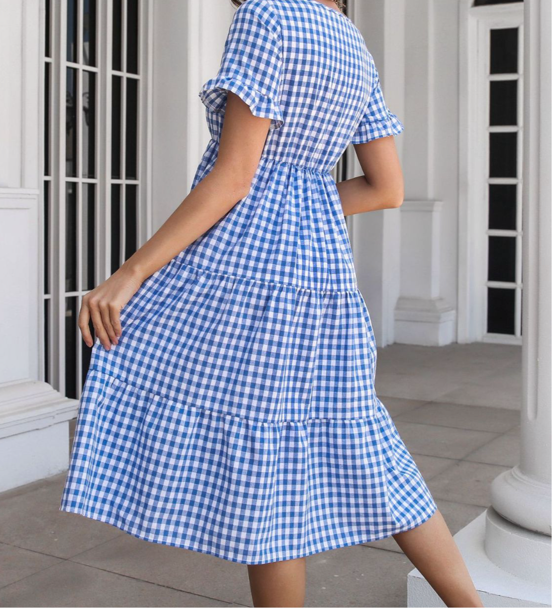 Elizabeth Plaid V-Neck Short Sleeve Midi Dress