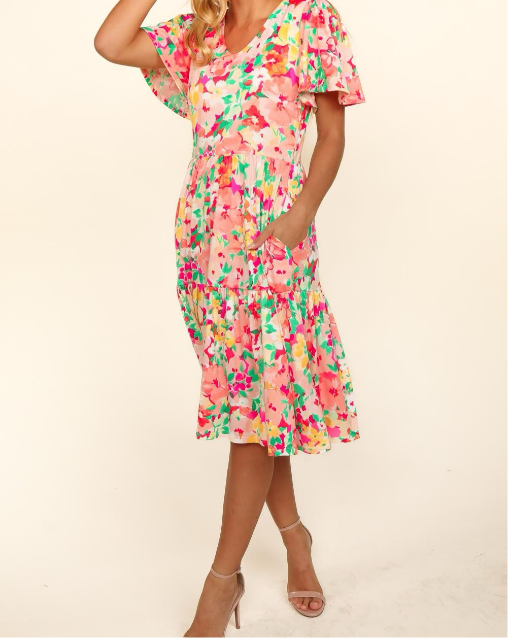 Tiered Floral Midi Dress with Pockets