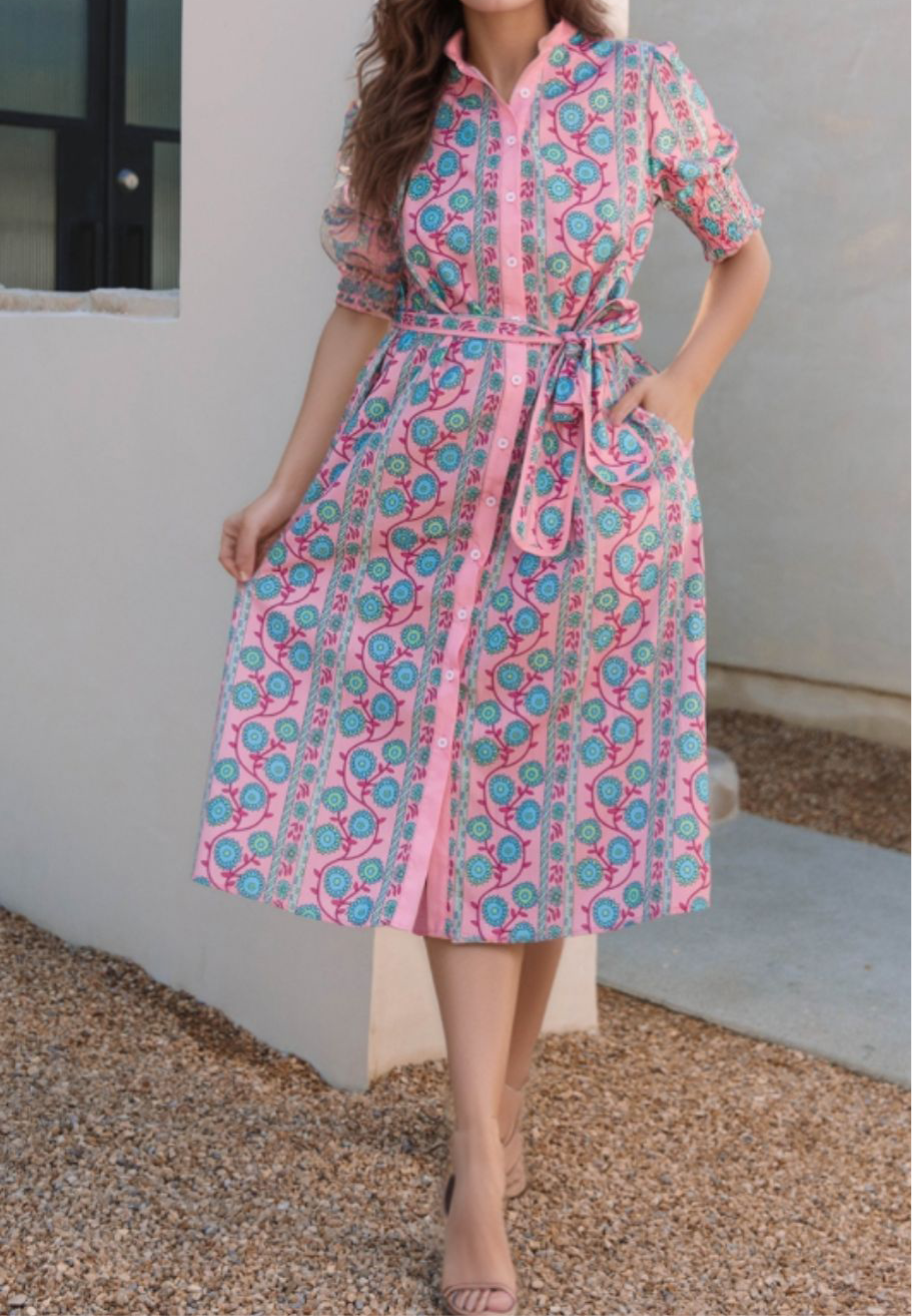 Camille Printed Buttoned Front Midi Dress with Sash