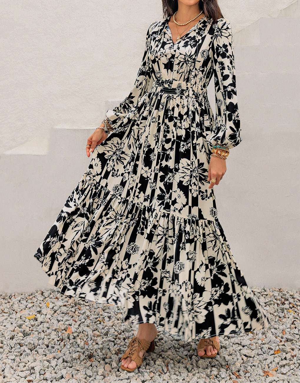 Clara Smocked Printed Tie Neck Long Sleeve Dress