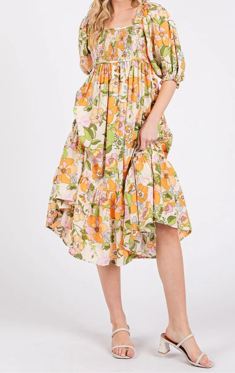 Edna Flower Print Puff Sleeve Ruffle Smocked Midi Dress
