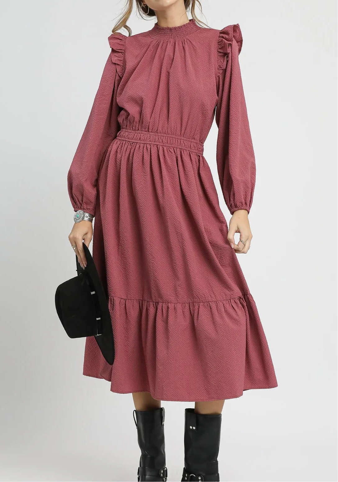 Audra Textured Midi Dress with Ruffle Shoulder Detail