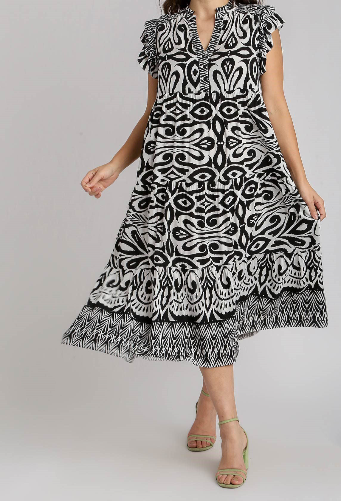 Eliza Two Tone Ruffle Cap Sleeve Midi Dress