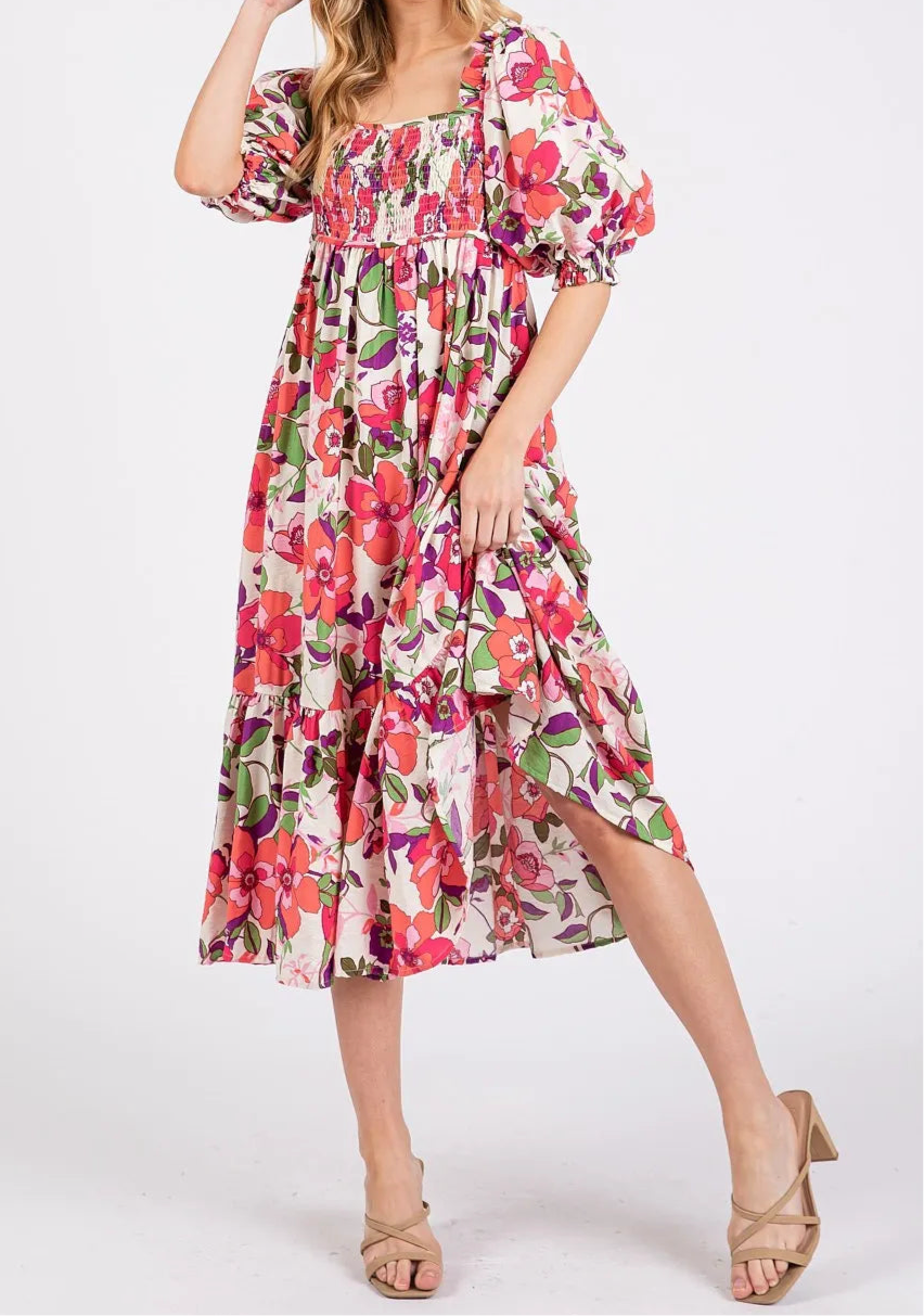 Ellie Flower Print Puff Sleeve Ruffle Smocked Midi Dress