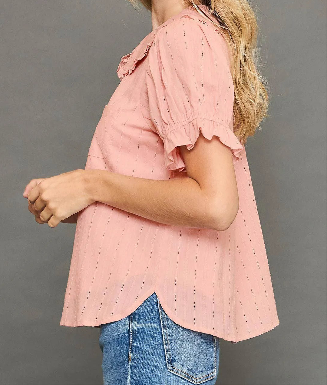 Opal Peter Pan Collared Button Down Textured Shirt with Ruffled Detail