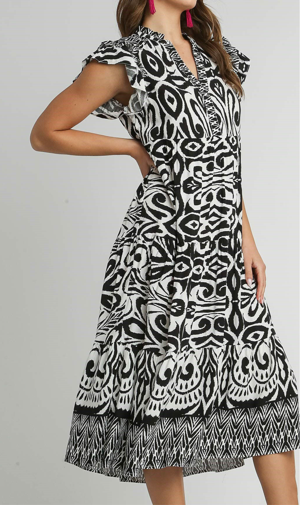 Eliza Two Tone Ruffle Cap Sleeve Midi Dress