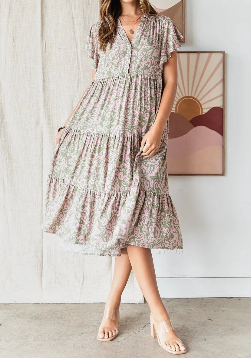 Wilma Abstract Print Ruffle Tier Midi Dress