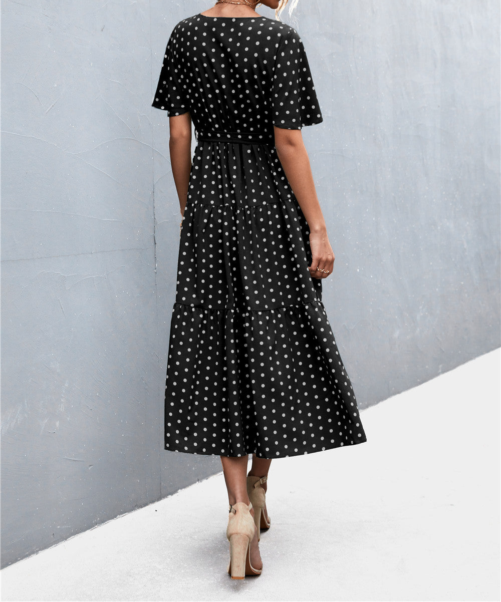 Minnie Printed V-Neck Flutter Sleeve Belted Dress