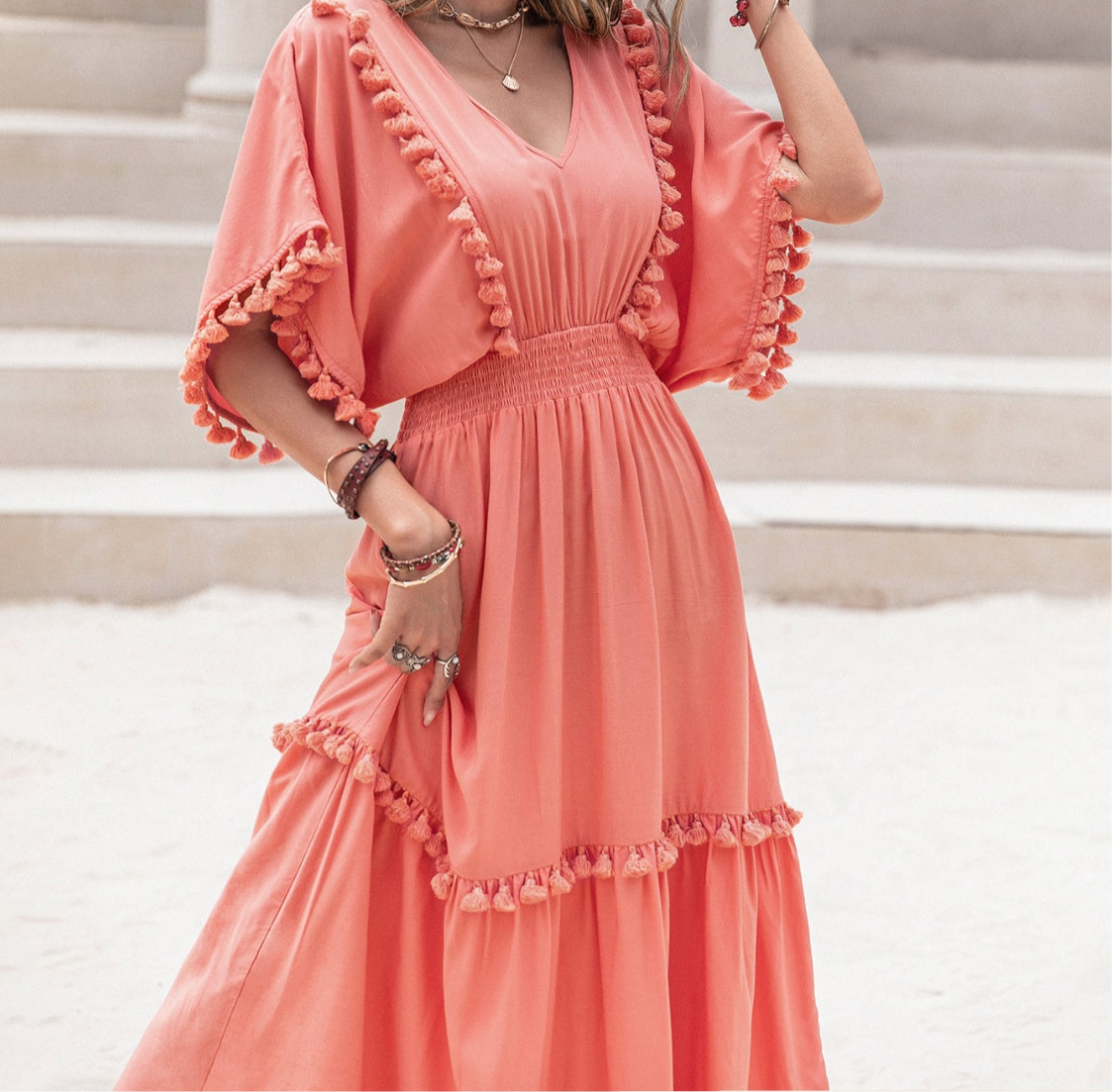 Hattie Tassel Trim Smocked V-Neck Short Sleeve Dress