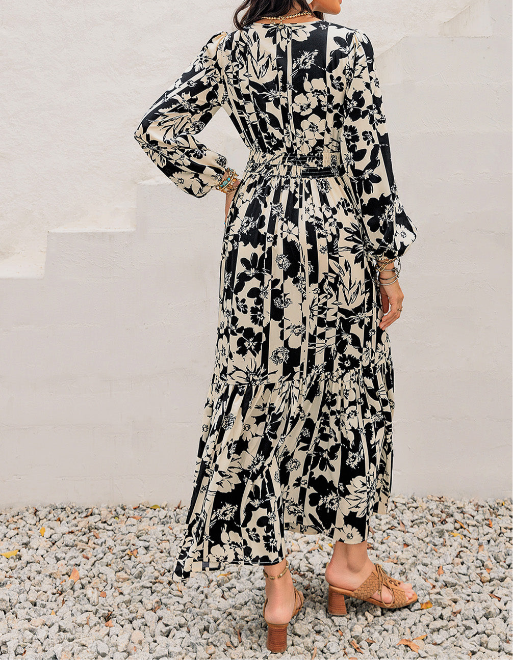 Clara Smocked Printed Tie Neck Long Sleeve Dress