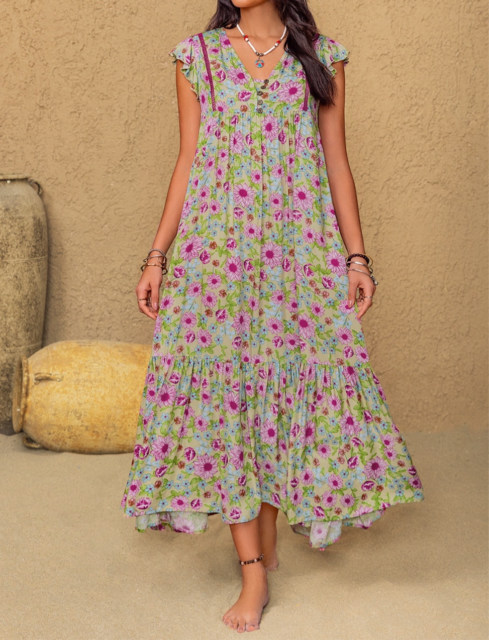 Isabel Floral Ruffled Cap Sleeve Tiered Dress