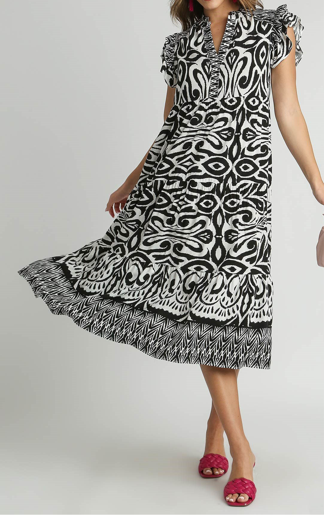 Eliza Two Tone Ruffle Cap Sleeve Midi Dress