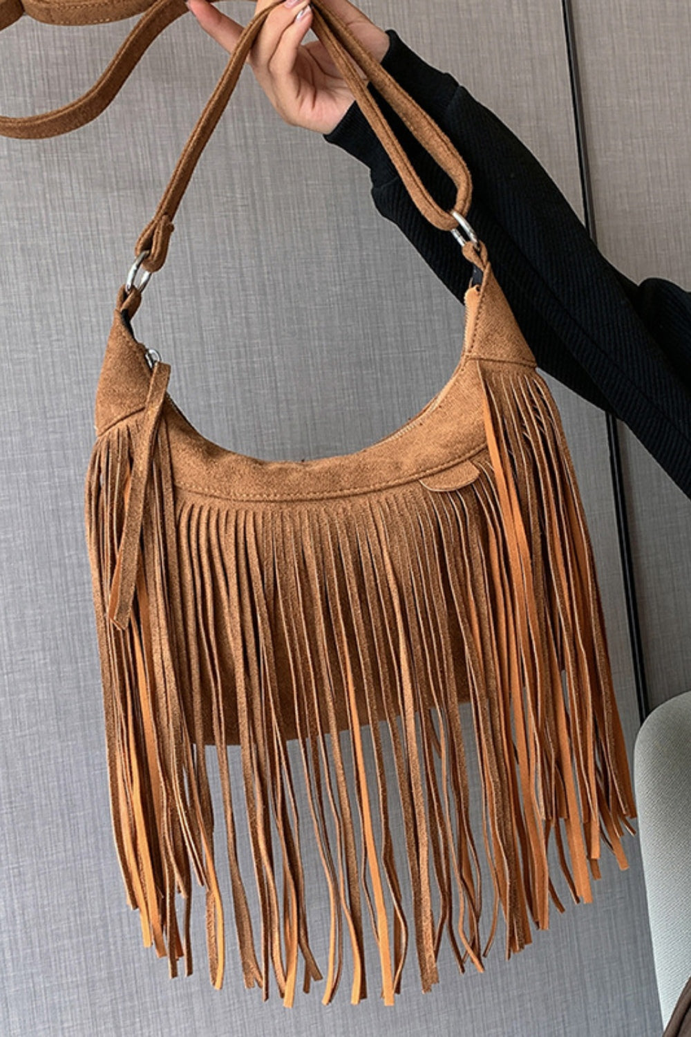 Jenny Suede Fringe Adjustable Strap Shoulder Bag